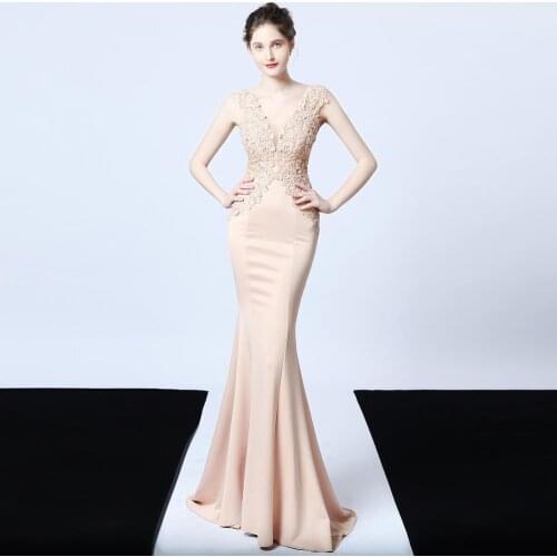 Sexy Deep V Neck Applique Evening Dress Women Mesh Backless Mermaid Dresses Elegant Sleeveless Long Party Formal Gowns Dress