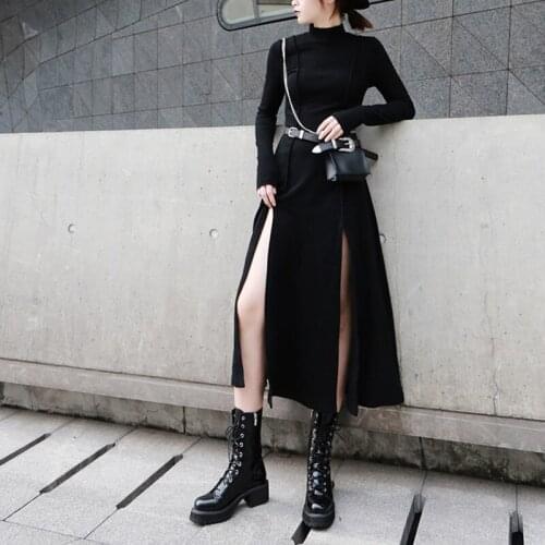 Johnature Streetwear Autumn Winter 2021 New Vintage Women Dress Irregular Stand Collar Open Forked Solid Color Long Dresses