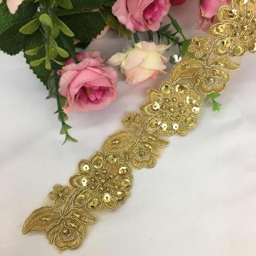 2yards gold rhinestone beaded lace trim apliques de roupa crystal rhinestone sew on patches for clothing para vestuario