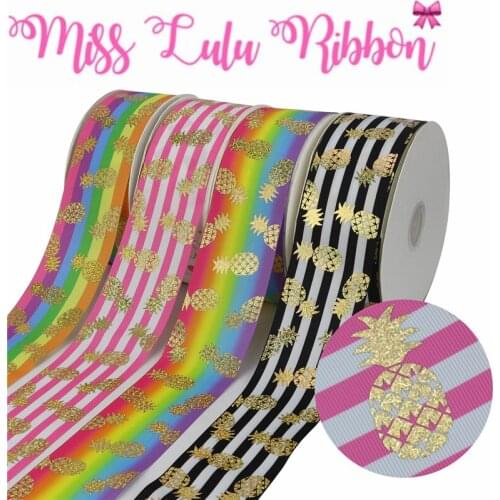 3"75mm Pineapple Hologram Gold Foil Pink Stripes Printed Grosgrain Ribbon DIY Hair Bowknots Party Decor 50yards/roll