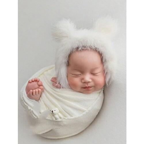 3pcs/set Newborn Infant Photography Wraps Knitted Baby Boys Girls Photo Props Faux Fur Hat Strong Stretch Blanket Bear Doll