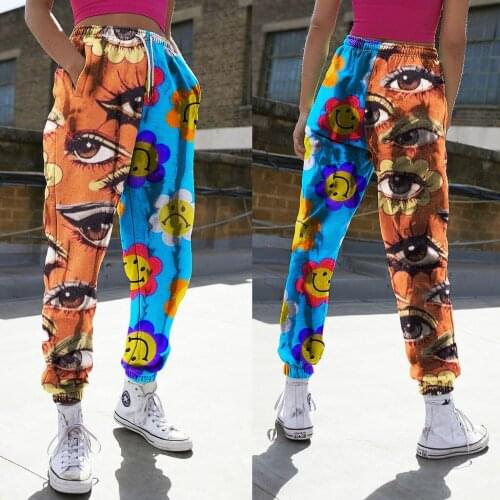 Womens Pants 2021 Spring Summer Fashion Asymmetric Print Loose Hip-hop Trousers Casual Oversize Slim Sports Full-Length Pants