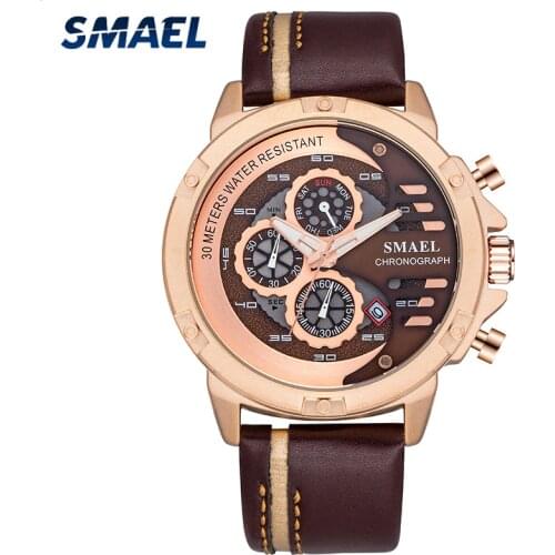 SMAEL New Watch Men Fashion Casual Quartz Watches 12/24H Day and Date Display Wrist Watch Leather Waterproof Relogio Masculino
