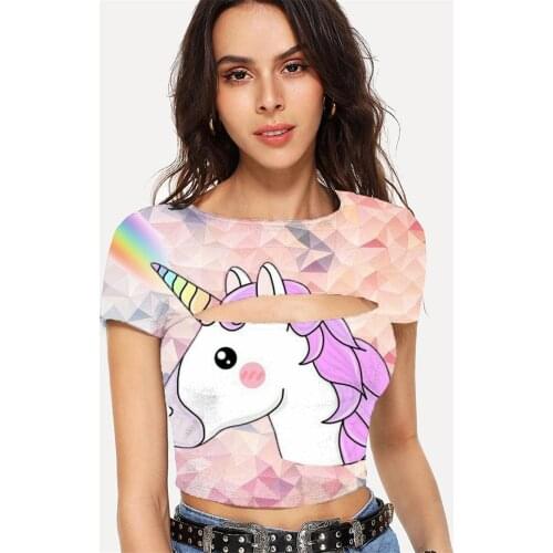 Somepet Unicorn T shirt Women Rainbow T-shirts 3d Animal Navel Bare Colorful Hollow Out T shirts Short Sleeve Sexy Printed