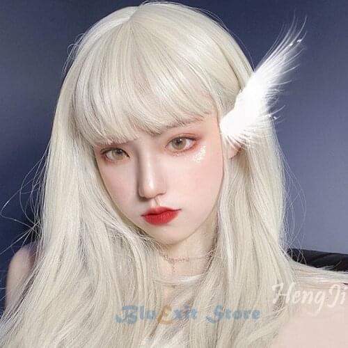 Harajuku Lolita Cosplay Wig Light Golden Blonde Sweet Cute Straight Long Synthetic Hair Bang Fringe for Adult Girls