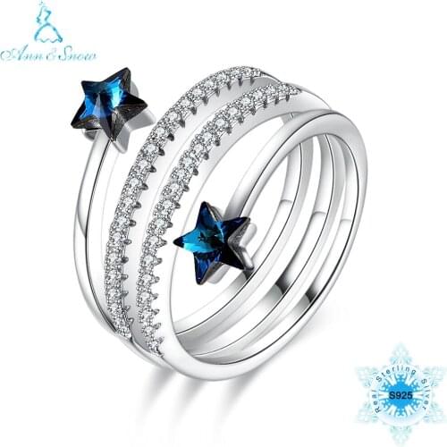 Fine Jewelry Shine Crystal from Austria Genuine 925 Sterling Silver Rings for Women Christmas Gift Blue Star Luxury High Quality