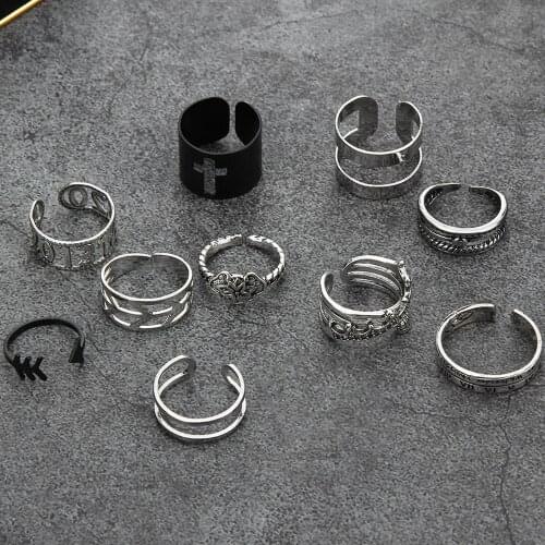 Simple Geometric Ring Black Silver Color Arrow Crown Cross Opening Rings Punk Party Jewelry Fashion Finger Rings for Women Men