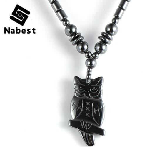 Men Women Hematite Owl Animal Pendant Necklaces Natural Black Hematite Beaded Strand Choker Clavicle Chain Necklace Jewelry
