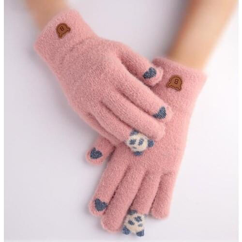 Women Cartoon Panda Touch Screen Thick Knitted Warm Full Finger Gloves Mitten