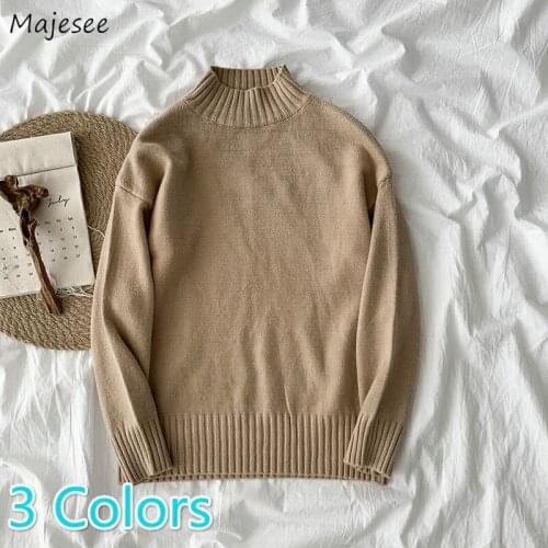 Pullovers Women Autumn Knitted Solid Simple Drop-shoulder Loose Half-turtleneck Sweaters Casual Chic Harajuku All-match Female