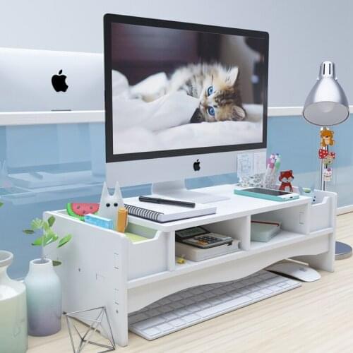 Desktop keyboard arrangement to receive higher computer monitor screen frame base shelf shelves carry higher tray