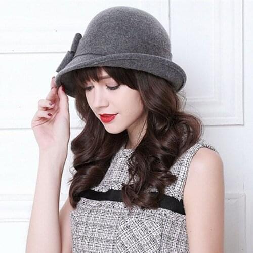 Autumn Winter Noble Elegant Girls Fashion Felt Cap Ladies Bucket Hats Women Wool Bow Fedora Hat