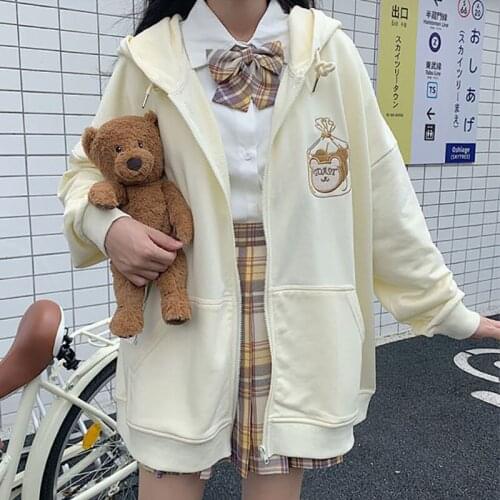 Kawaii Yellow Sweatshirt Women Harajuku Streetwear Cute Print Hoodies Women Anime Teens Pullover Oversized Tops Zip Up Hoodie