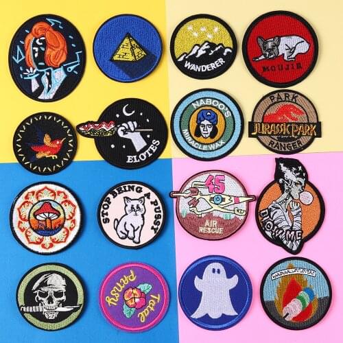 Punk Style Skull Mushroom Patches Round Cat Dog Star Appliques Iron On Egyptian pyramids Badges for Clothes Jeans Shoe Decor