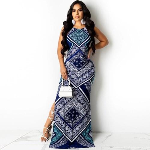 Vintage Paisley Bandanna Print Bohemian Beach Dress Women Side High Split Backless Holiday Dress Summer Sleeveless Maxi Dress