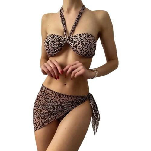 Women Sexy 3 Pcs Set Swimwear, Halter Bikini Bandeau Bra Lace Up Panty with Wrap Skirts Swimsuits