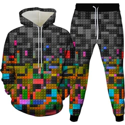 Creative Building Block Pattern 3D Digital Print Women Casual Hoodie+Trousers 2PcSet Men Sporwear Tracksuit Clothing Size S-6XL