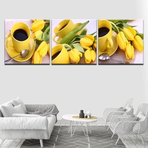 Beautiful yellow tulips and cups print 3 panel Poster and Print Canvas Painting Picture for Living Room Home Decor