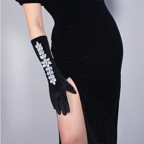 40cm Black Velour Gloves White Diamond Medium And Long Section High Elastic A Grade Super Bright Rhinestone Chain Flower WSR13
