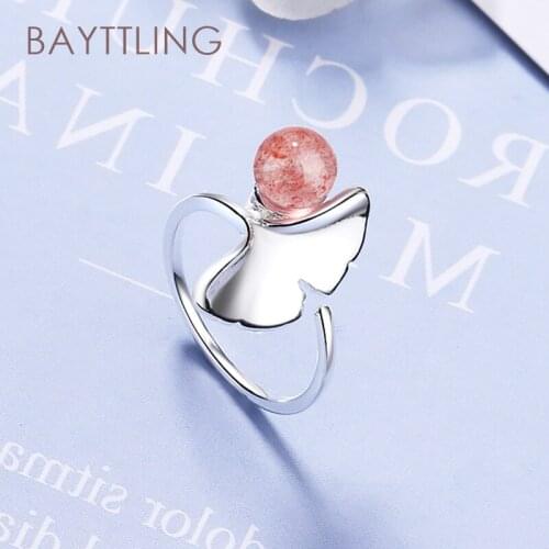 BAYTTLING 925 Sterling Silver Strawberry Crystal Leaf Open Ring For Women Fashion Wedding Jewelry Gift Couple Ring