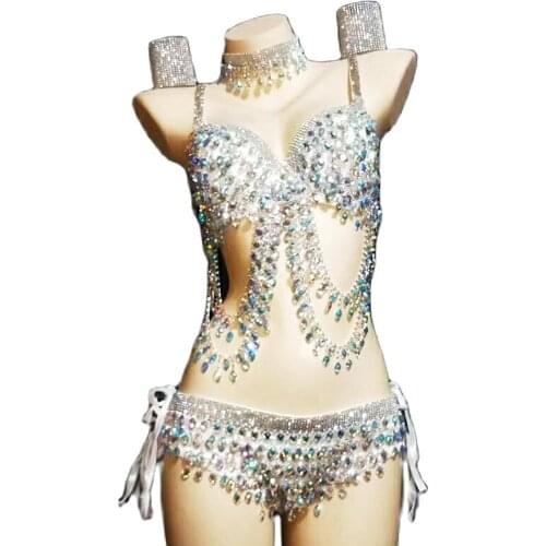 Fashion Luxurious Shining Diamonds AB Color Women Bra Shorts Tassel Bikini Set Nightclub Singer Show Costumes Pole DancE Outfit