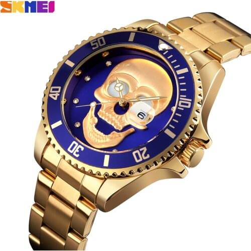 SKMEI Watches Men Creativity Quartz Skull Pattern Dial Date Male Clock Waterproof Stainless Steel Strap Wristwatch reloj hombre