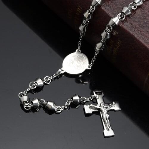 Classic Womens Mens Necklace Stainless Steel Silver Color Bead Rosary Chain Jesus Christ Cross Pendant Free Shipping