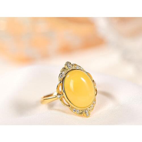 S925 Sterling Silver Gold-Plated Natural Hetian Jade Amber Ring Creative All-Match Light Luxury Ladies Open Ring