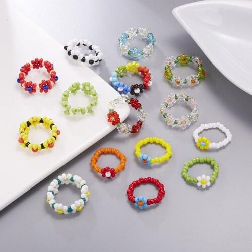 15 Style Korean Colorful Bohemian Small Flower Ring Handmade Multi Beaded Rice Beads Ring For Women Beach Jewelry Gifts