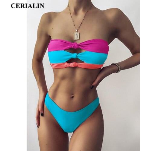 Swimwear Women Sexy Bikini Set Stitching Strapless Ring Tube Top Split Swimsuit Low Waist Female Push Up Beachwear Swimming Suit