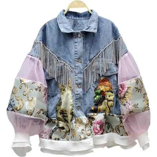 Fashion Net Yarn Lantern Sleeve Splicing Print Denim Jacket Coat Women Tassel Outerwear Loose Casual Short Jeans Jackets Female