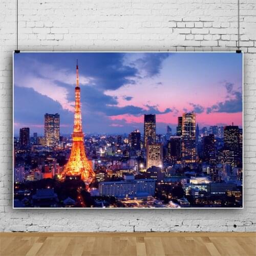 Laeacco City Night View Buildings Metropolis Photo Background Flashing Neon Lights Sunset Photographic Backdrop Photocall Banner