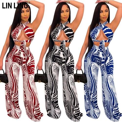 LINLING Womens Sexy Hollow Print Bandage Bikini Wide Leg Pants Suit Jumpsuits Sleeveless Strapless Long Pants Clubwear