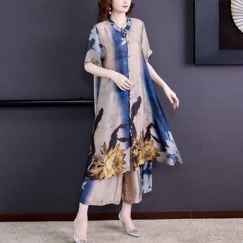 Fashion 2 Piece Set 2021 Summer New Korean Print Large Size Stitching Loose Wide Leg Pants Suit Retro Long Shirt Trousers zh1323