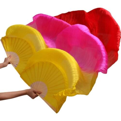 2018 Newest Handmade Bamboo Ribs Dance Props Silk Belly Dancing Fans Natural Silk 1Pc Left hand+Right hand Yellow+Rose+Red Color