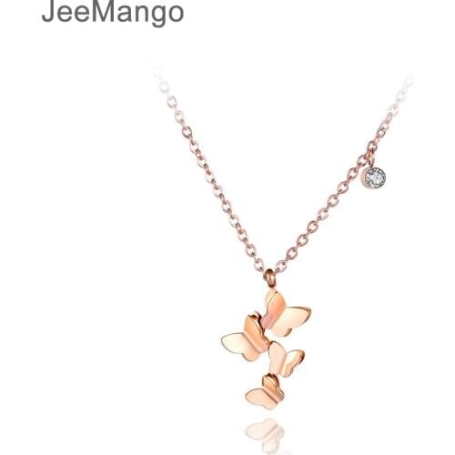 JeeMango Titanium Stainless Steel Butterfly Pendant Necklaces Jewelry CZ Crystal Chain Chokers Necklace For Women Girls N19004