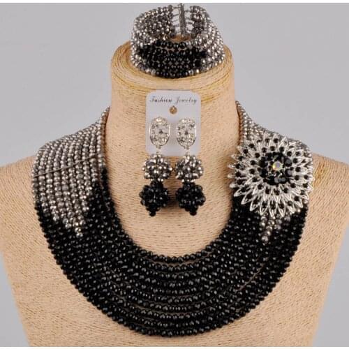 Latest Black Costume African Necklace Nigerian Wedding Crystal Beads Jewelry Sets DSJ-11