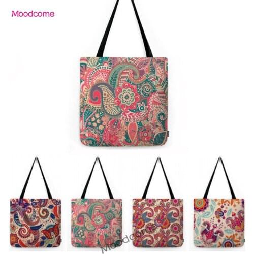 Pink Bohemian Geometric Flower Paisley Pattern Mediterranean Style Vocation Water Proof Beach Bag Resort Gift Shopper Tote Bag