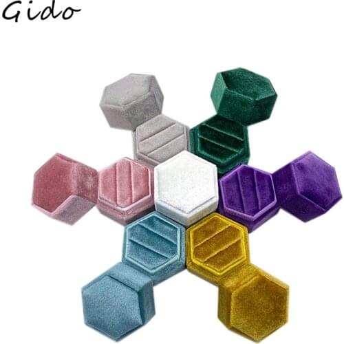 Hexagon Velvet Ring Box Double Ring Display Holder Detachable Lid Ring Box Holder for Wedding Ceremony Organizador De Joyas
