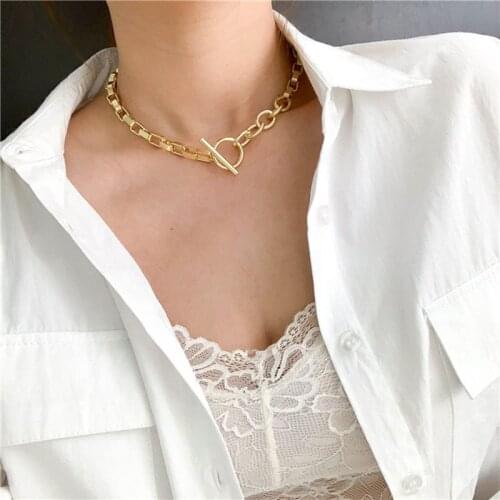 SRCOI Gold Color Metal Link Clavicle Chain Necklace Hip Hop Big Long Geometric Statement Thick Huge Necklace Women Party Jewelry