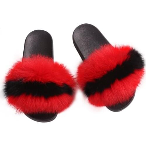 Slippers ladies real fox fur slippers home furry flat sandals women cute fluffy house shoes women brand Hua Fashion 2021