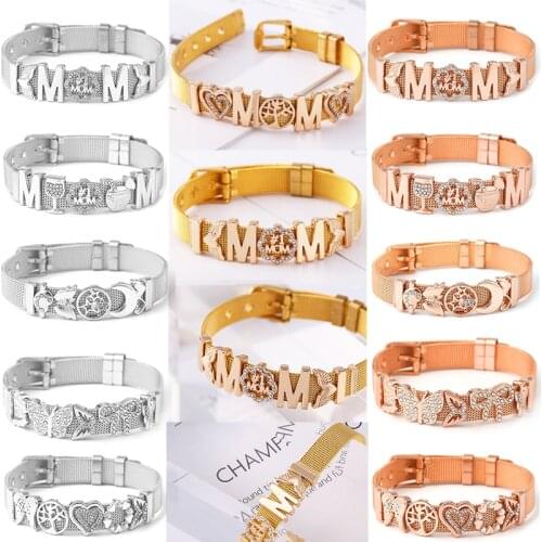 High Quality Stainless Adjustable Steel Mesh Bracelet DIY Crystal Feather MOM Charms Keeper Bracelet For Women Men Jewelry Gift