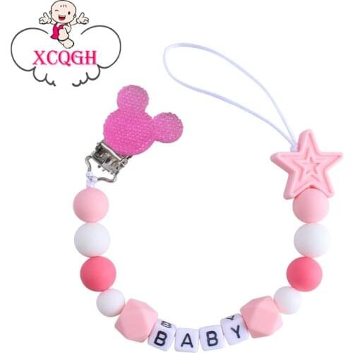 XCQGH Pink Personalize Name Mouse Head Dummy Clip Pacifier Clips Baby Silicone Pacifier Holder Chain Attache Sucette