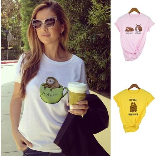 Women Summer Graphic T-shirt Short Sleeve Cute Sloth and Coffee Print 90s Female T Shirt O-Neck Kawaii Tops Tees Camisetas Mujer