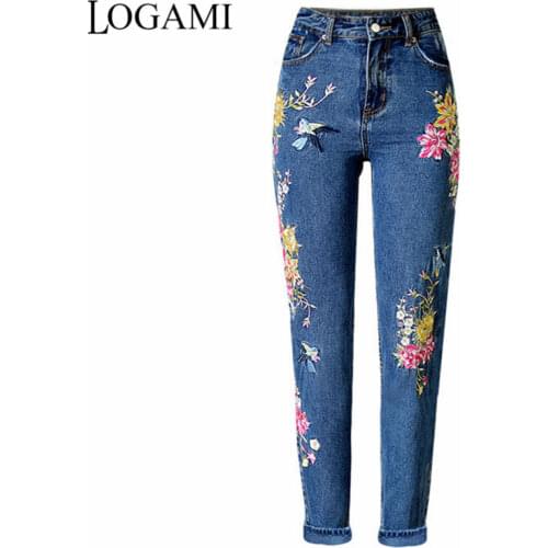 LOGAMI Embroidered Jeans Women Pants Womens Embroidered Bird Floral Straight Jeans Female