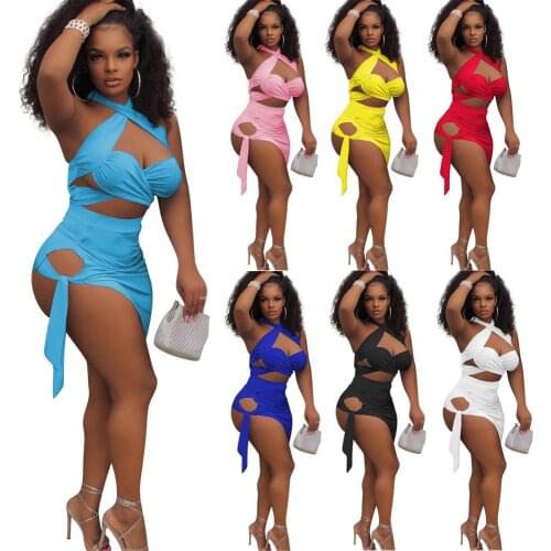 Women Solid Cross Hollow Out Halter Lace Up Crop Top Mini Dress Skirt Sets Sexy Backless Bodycon Club Party two piece set women