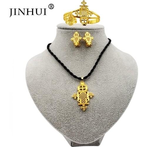 Jin Hui 2019 New Ethiopian jewelry sets Pendant Necklace Earring Ring Gold gifts for women African Eritrea jewelry wedding gifts