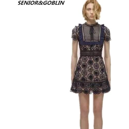2019 Women Self Portrait Sexy Lace Dress Summer Hollow Out Ruffles Patchwork Crochet Short Sleeve Dark Blue Mini Party Dresses