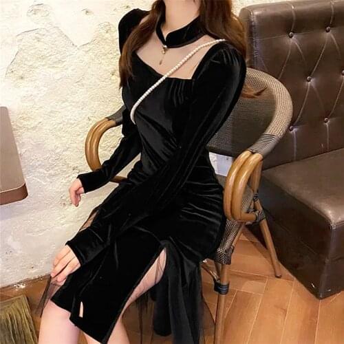 French Vintage Black Dress Women 2021 Spring Long Sleeve Slim Evening Party Dress Female Gothic One Piece Dress Koran Winter