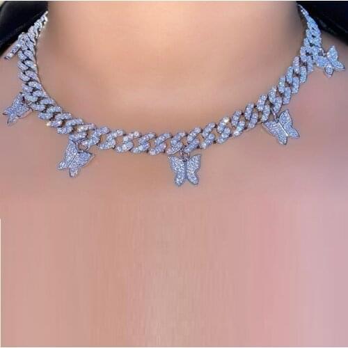 2021 new arrived ice out women girl jewelry 8mm cz cuban link chain 6pcs butterfly charm ice choker necklace